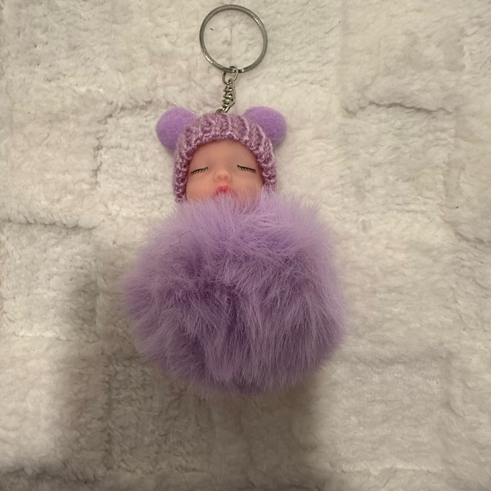 Cute Sleeping Baby Doll Faux Fur Pom Pom Keychain Bag Charm Purse Accessory